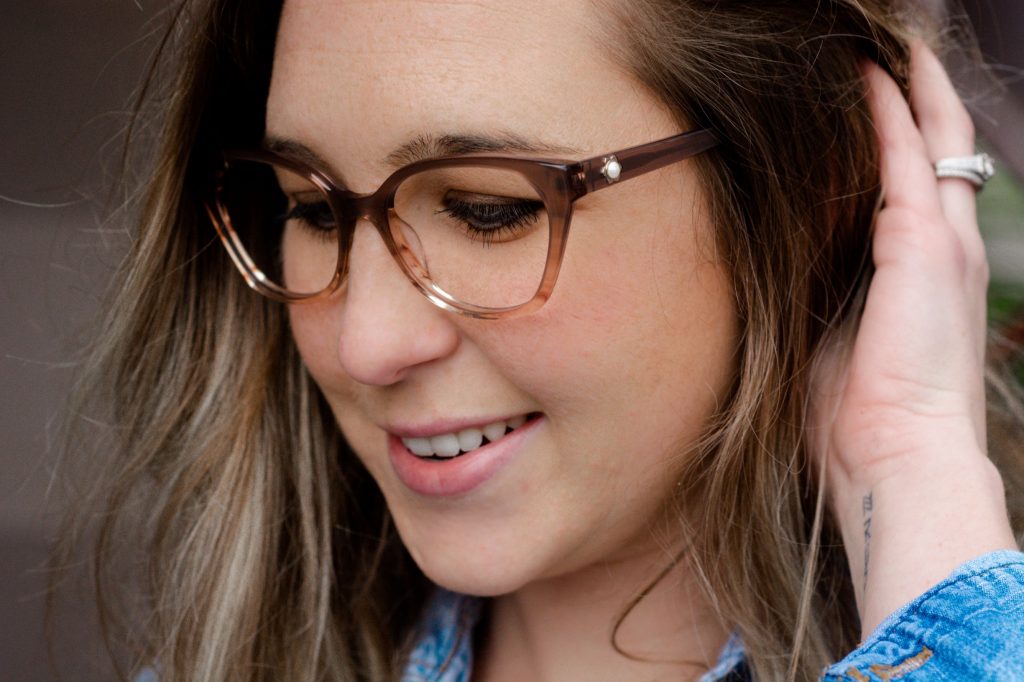 woman wearing draper james glasses with pearl detail