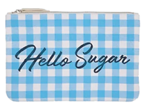 blue and white checkered pouch that says "Hello Sugar" 