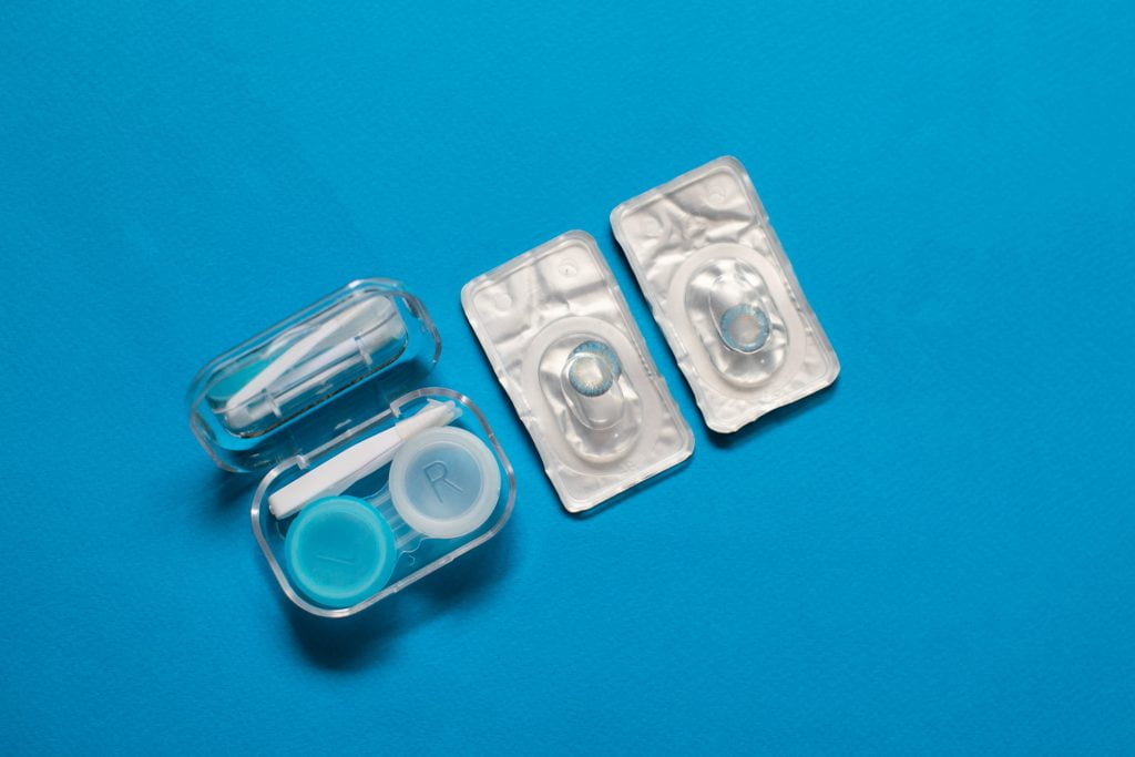 Colored contact lenses in package with contact lens case