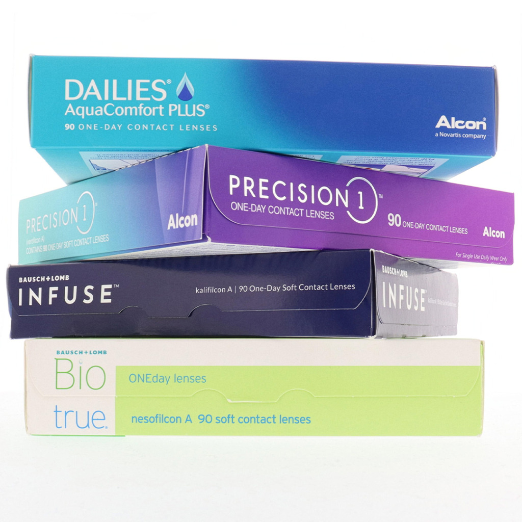 daily contact lens brands including Alcon Dailies, Alcon Precision 1, Bausch + Lomb Infuse, Bausch + Lomb Bio True stacked in a tower formation. 