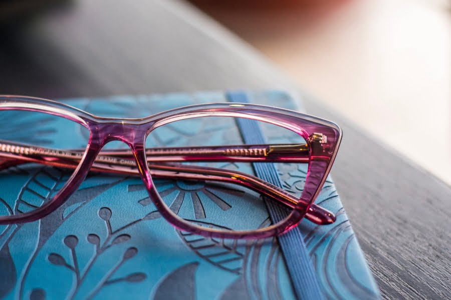 close up of a purple transparent frame from the Dr. Tavel vision values collection